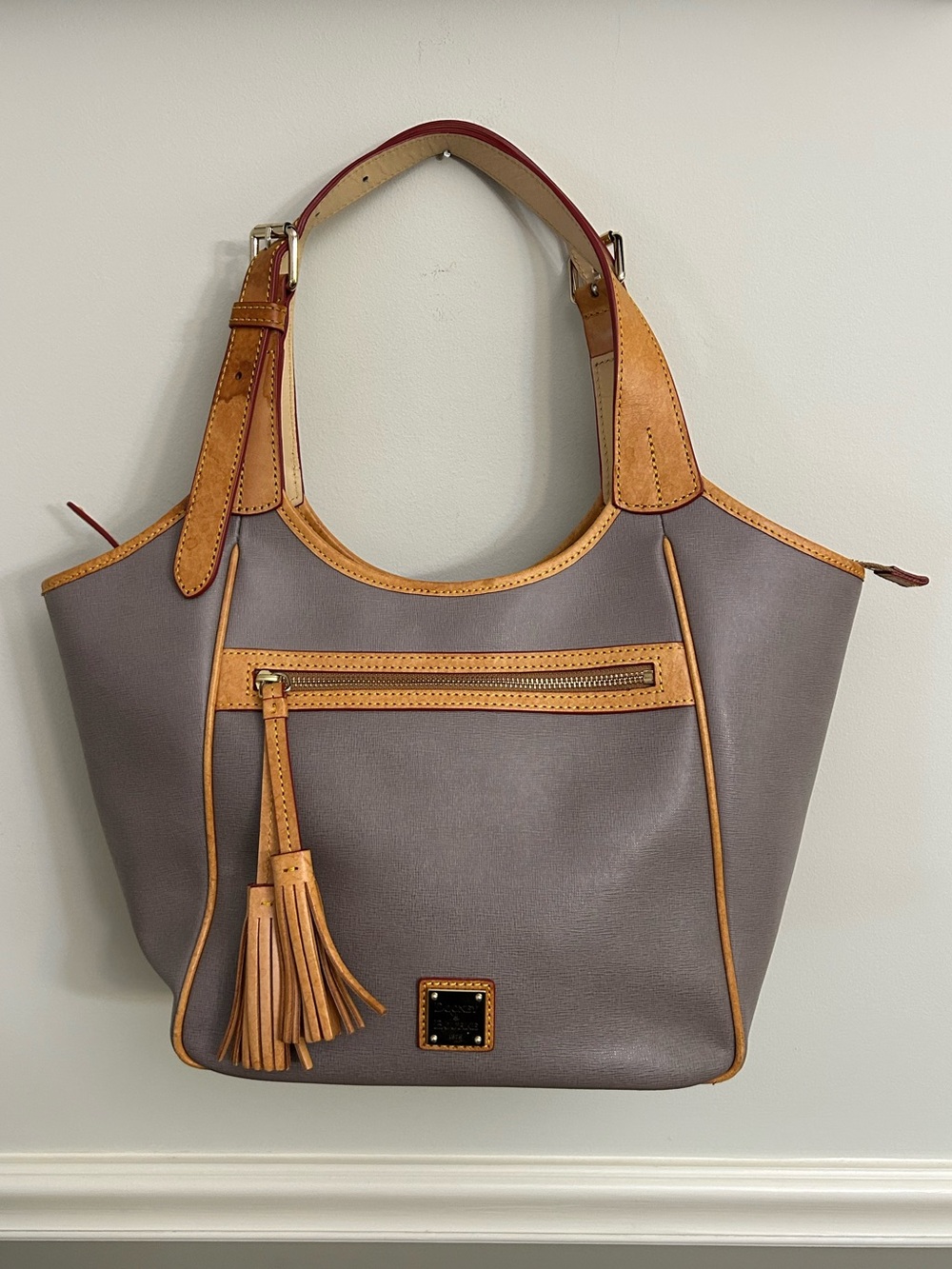 Dooney & Bourke Maddie Saffiano Grey Tan Leather Tassel Tote Satchel Bag